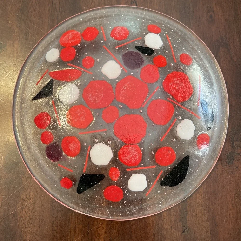 Vintage‎ Studio Art Glass Plate Abstract Geometric Fused Iridescent Red Cobalt